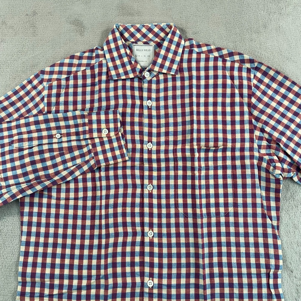 Billy Reid Standard Cut Shirt Men Small Multi Check‎ Linen Blend Long Sleeve